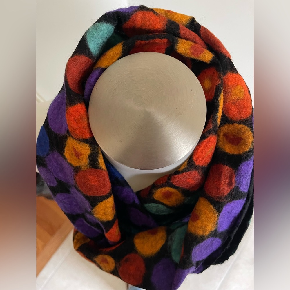 Colorful Polka Dot Felted Wool Scarf - Purple, Teal, Orange and Black - Picture 8 of 8